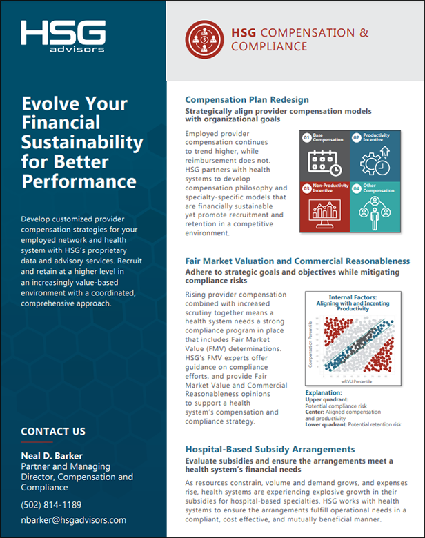 HSG Advisors offers specialized services to help healthcare organizations improve financial sustainability, attract top talent, and optimize performance through tailored compensation strategies and compliance solutions.